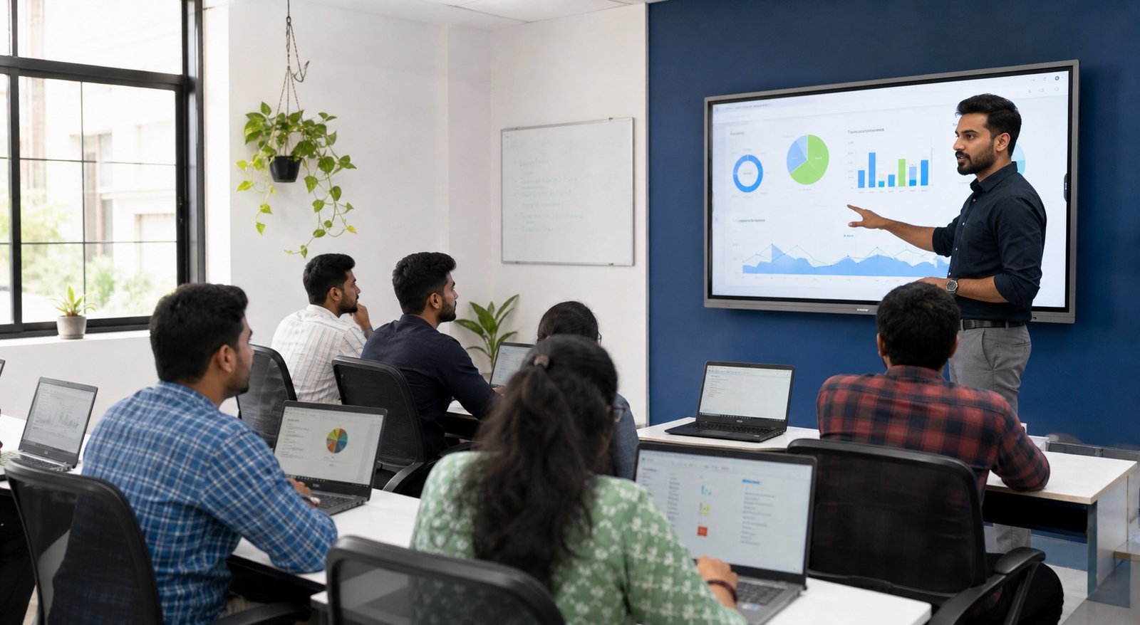 Digital marketing instructor teaching a small classroom of students