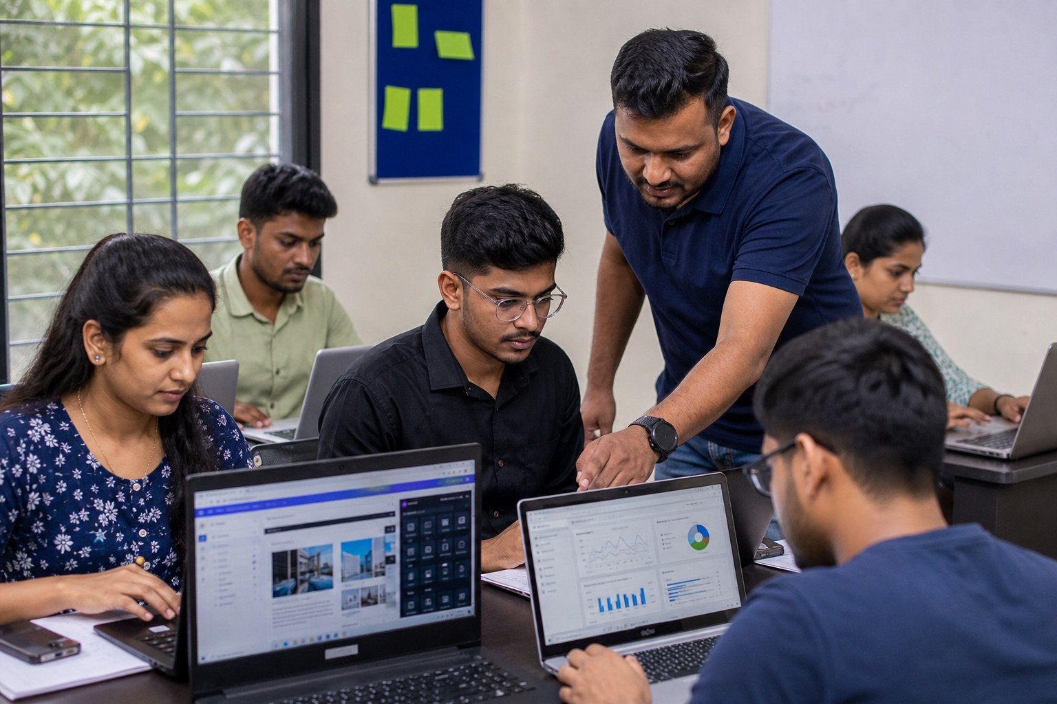 Students completing digital marketing practicals with trainer guidance